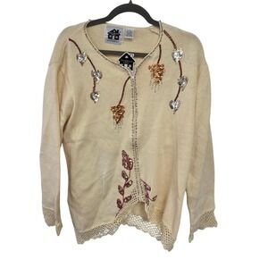 VTG Storybook Knits 1X Beaded Sequin Hearts Grapes Cardigan Deadstock HSN Ramie
